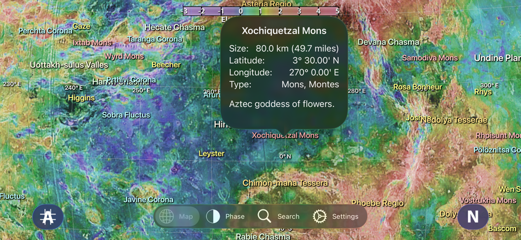 Venus Atlas - 金星アトラスアプリの金星地形マップで、Xochiquetzal Monsのラベル付き地質学的特徴と詳細情報が表示されています。