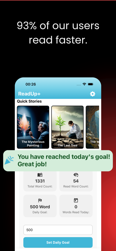 ReadUp: Speed Reading Practice - ReadUp 앱 인터페이스에 사용자 독서 지표와 일일 목표 달성 메시지가 표시됨