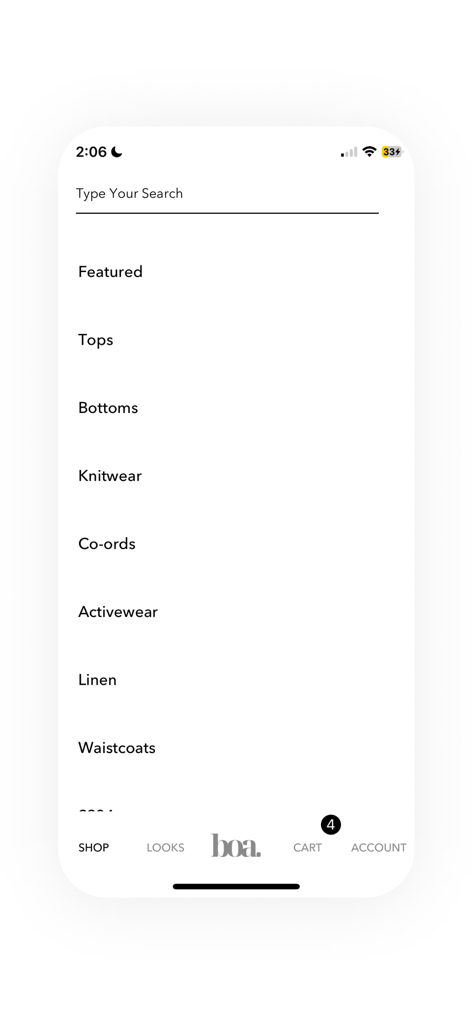 Because Of Alice - The category navigation menu of the Because Of Alice mobile app showing clothing sections like tops bottoms and knitwear