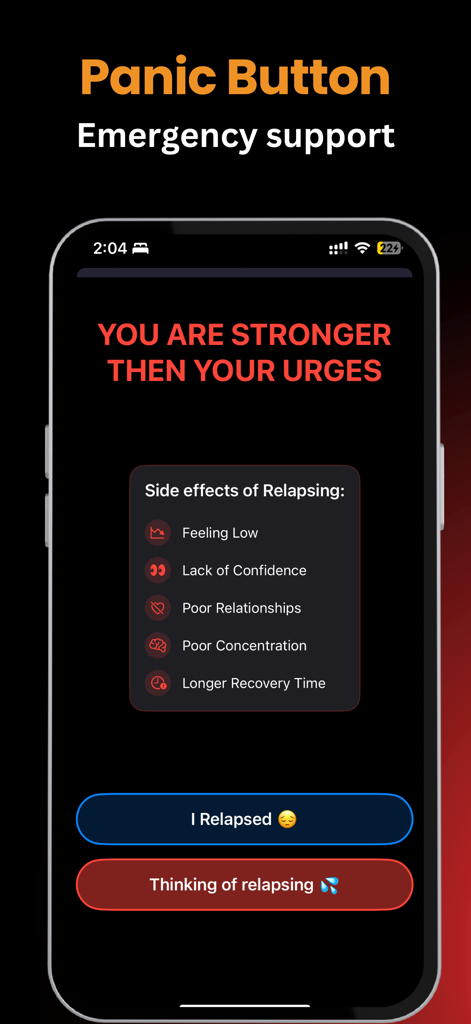 QuitHub - Quit Porn Now - Pantalla de soporte de emergencia de la aplicación QuitHub con un botón de pánico y una lista de efectos secundarios negativos de recaer.