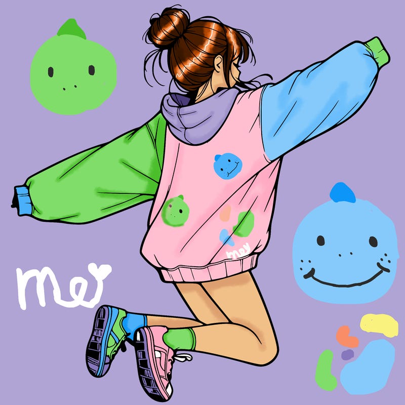 realistic girl jumping with a bun and oversized sweatshirt
