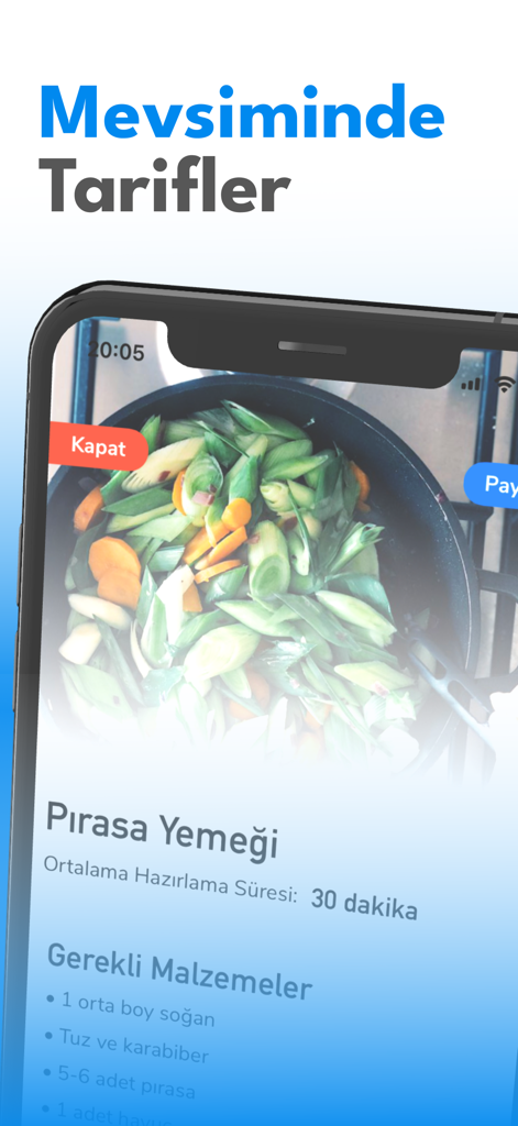 Smartphone screen displaying a healthy leek recipe with prep time and ingredients.