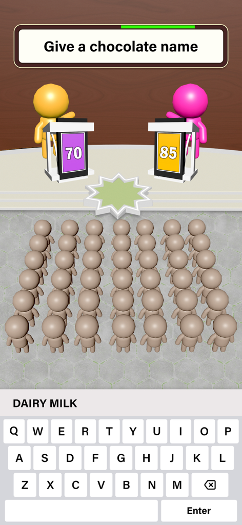 Pantalla de juego de una aplicación de trivia que pregunta por el nombre de una marca de chocolate con un marcador e interfaz de teclado