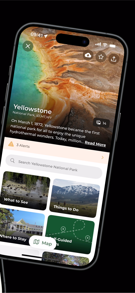 National Park Service app screen for Yellowstone National Park showing travel guides alerts and park information