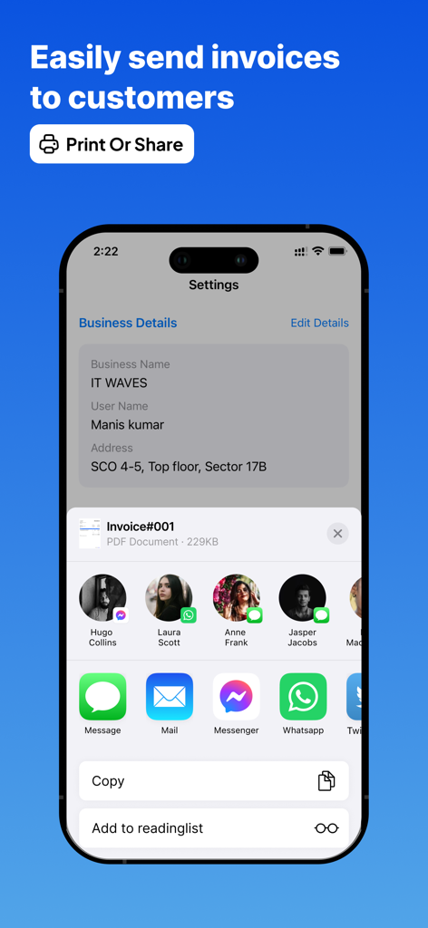 Simple Invoice Bill Maker - Mobile app interface showing how to share a professional PDF invoice via message or email.