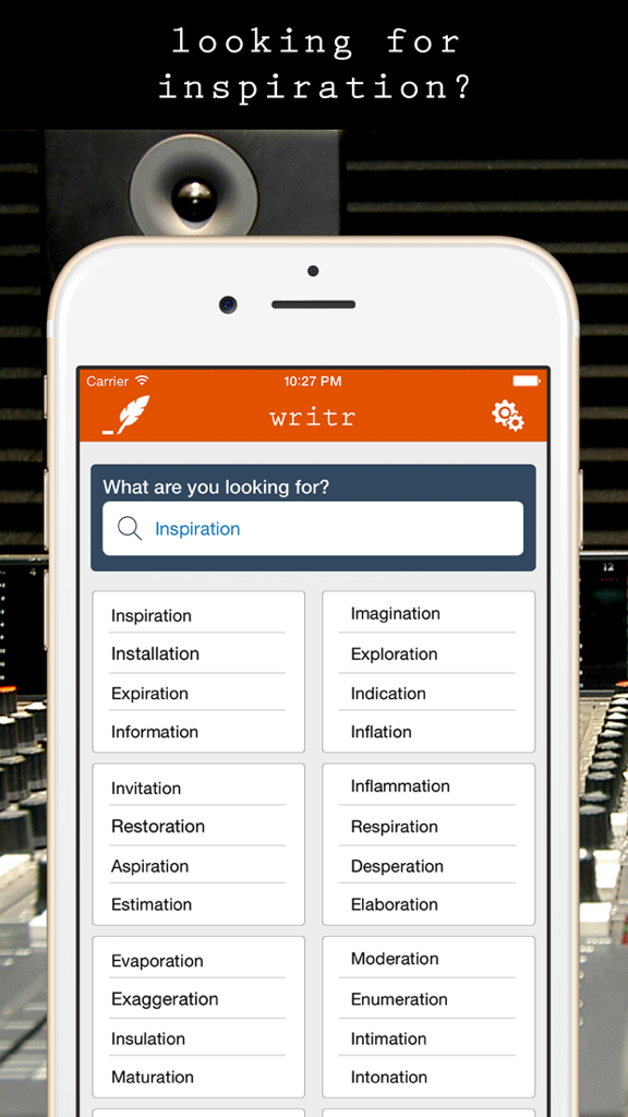 Writr - Writr mobile app showing rhyming word suggestions for songwriting and poetry inspiration on an iPhone