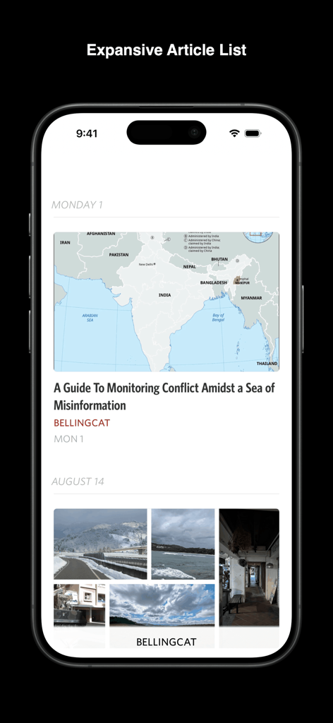 Unread: An RSS Reader - Unread RSS Reader app expansive article list view on iPhone featuring news from Bellingcat with maps and photography.