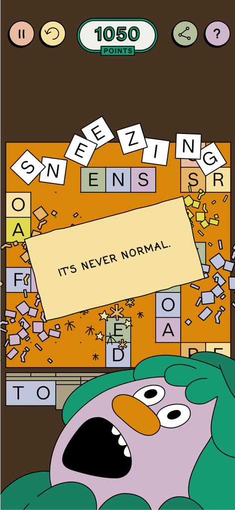 GUBBINS — It's a word game - GUBBINS word game gameplay screen showing a quirky cartoon character and scattered letter tiles forming words.