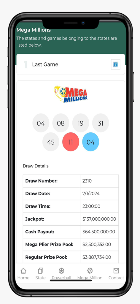 Lotto Results USA - Lotto Results USA app interface showing Mega Millions winning numbers and jackpot draw details
