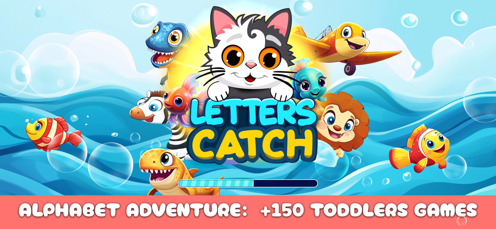 Letters Catch: Alphabet Games - Letters Catch app title screen featuring a friendly cat and colorful cartoon animals