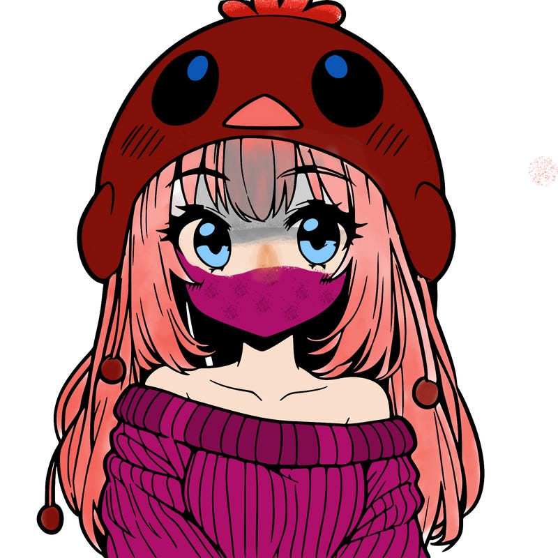 anime girl with chick shaped hat with sweater with bare shoulders with bangs covering them one eye with low tail