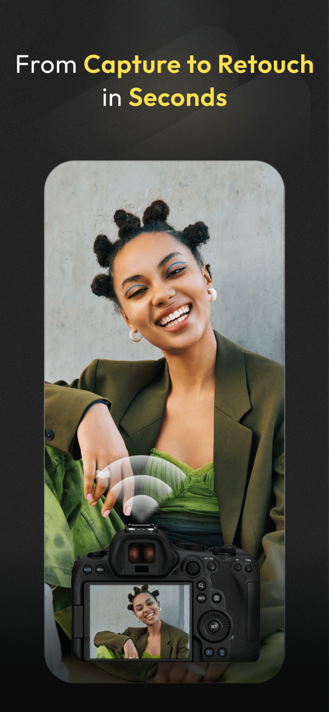 A professional camera wirelessly tethered to a smartphone showing instant photo retouching with Evoto AI