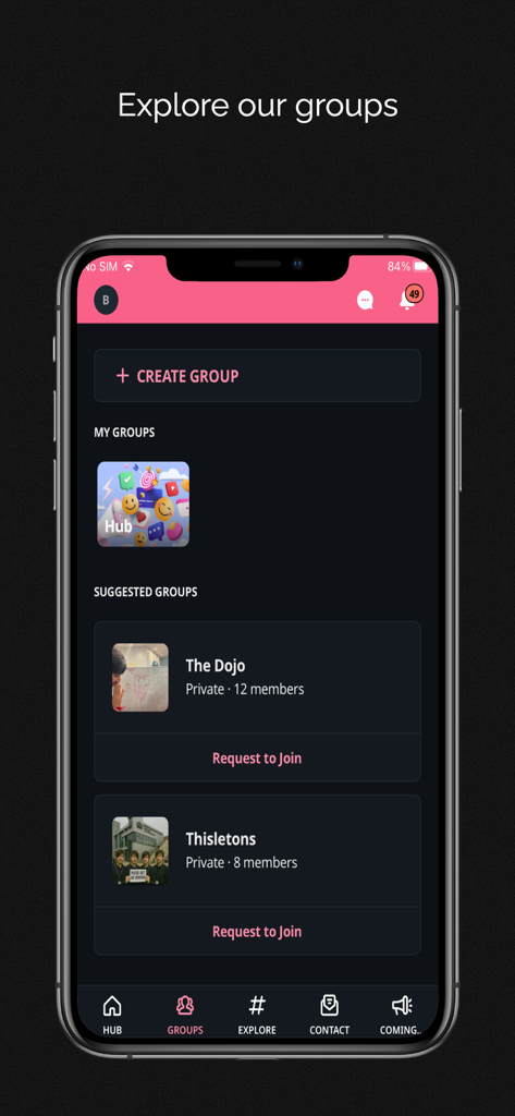 Flock Social Media - Una pantalla de aplicación móvil que muestra la interfaz de grupos de Flock Social Media con un botón para crear grupo y sugerencias de grupos privados para unirse.