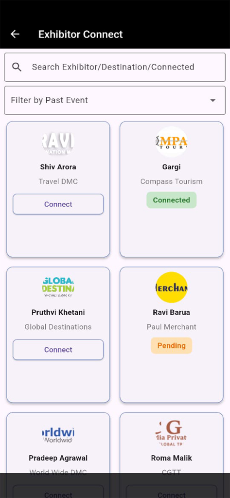 TTJ TRAVMART MARKETPLACE - TTJ TRAVMART app Exhibitor Connect screen showing travel business profiles and networking options.
