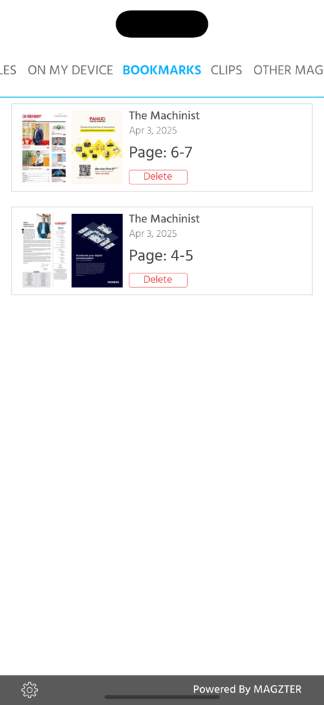 The Machinist - Bookmarks page in The Machinist mobile app showing saved magazine articles
