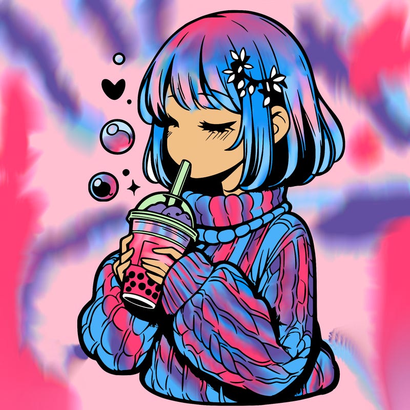 manga girl drinking boba in cozy sweater