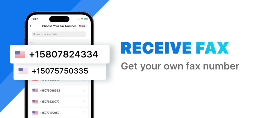 A smartphone screen showing options to choose a personal fax number for receiving faxes.