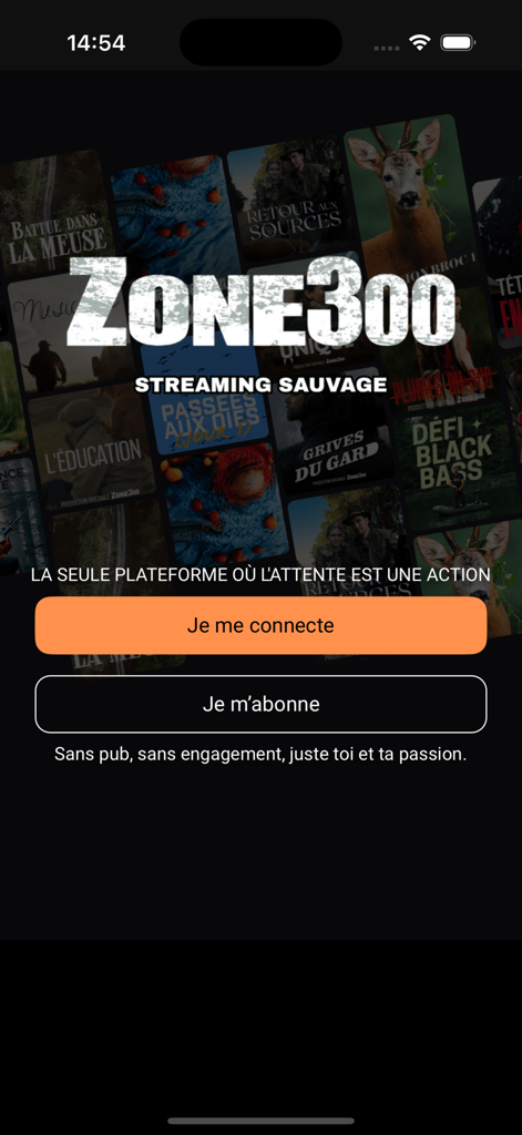 Zone300 app welcome screen with hunting and fishing video thumbnails and login buttons