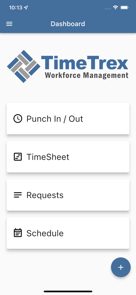 TimeTrex - TimeTrex mobile app dashboard showing options for punch in out timesheet requests and schedule