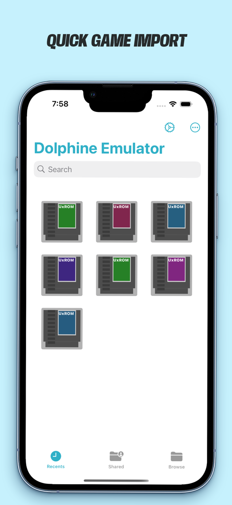 Dolphin Emulator - Basic - Interface of the Dolphin Emulator app showing a grid of imported NES game cartridges on an iPhone.