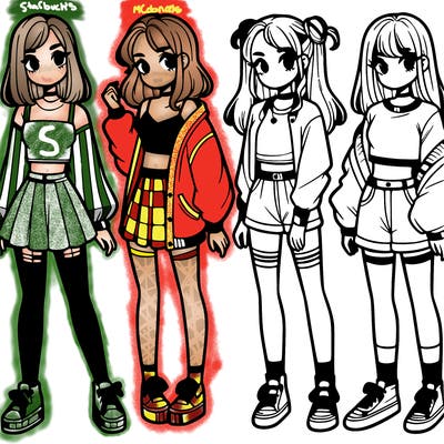 one girl with crop-top shirt and a jacket with a skirt, long socks and another girl with a shirt and pants with a jacket