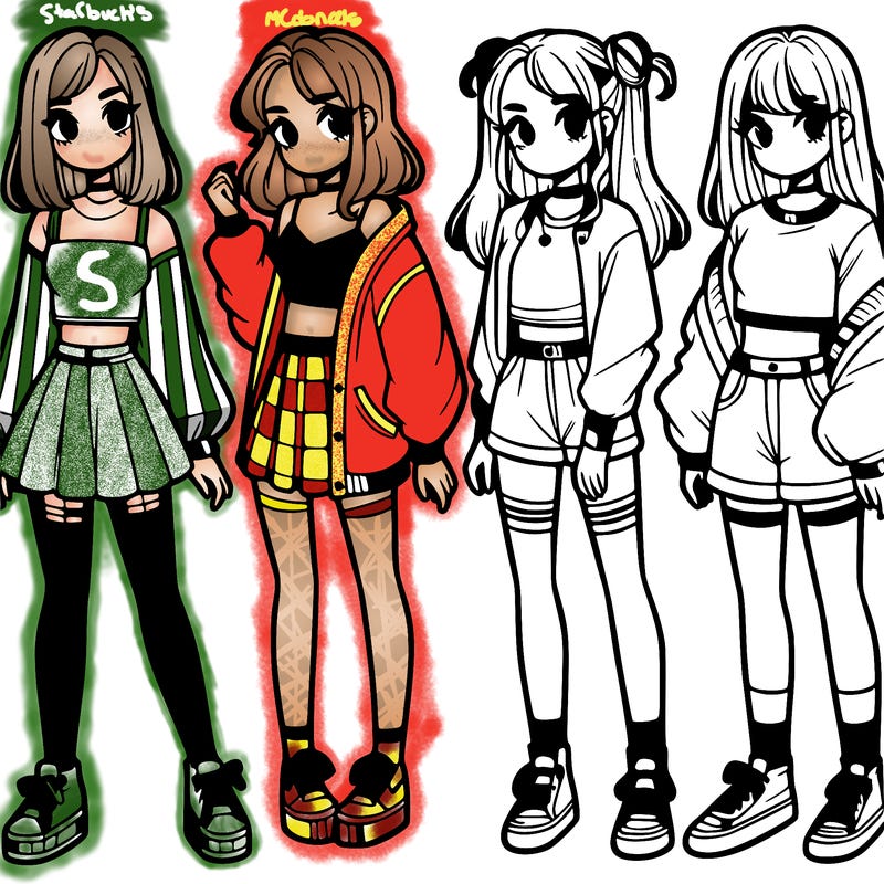 one girl with crop-top shirt and a jacket with a skirt, long socks and another girl with a shirt and pants with a jacket