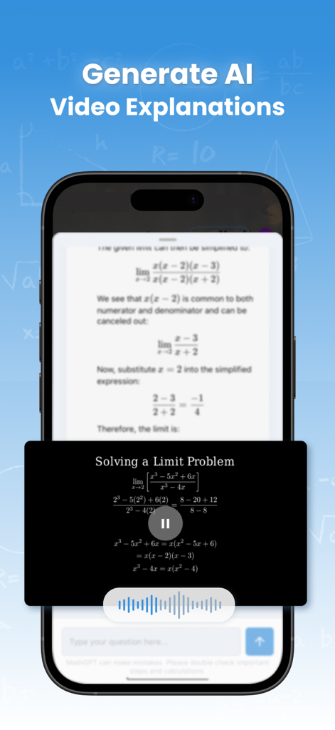 MathGPT - AI Math Solver - MathGPTアプリのインターフェイスに、複雑な数学の極限問題の生成されたAIビデオ解説が表示されています。