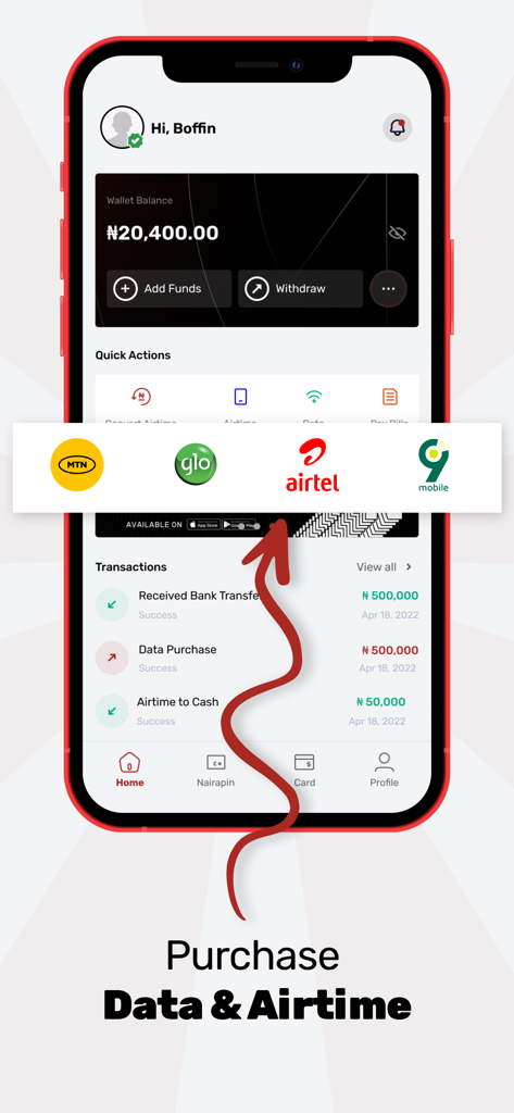 Aimtoget Wallet mobile app interface for purchasing data and airtime in Nigeria