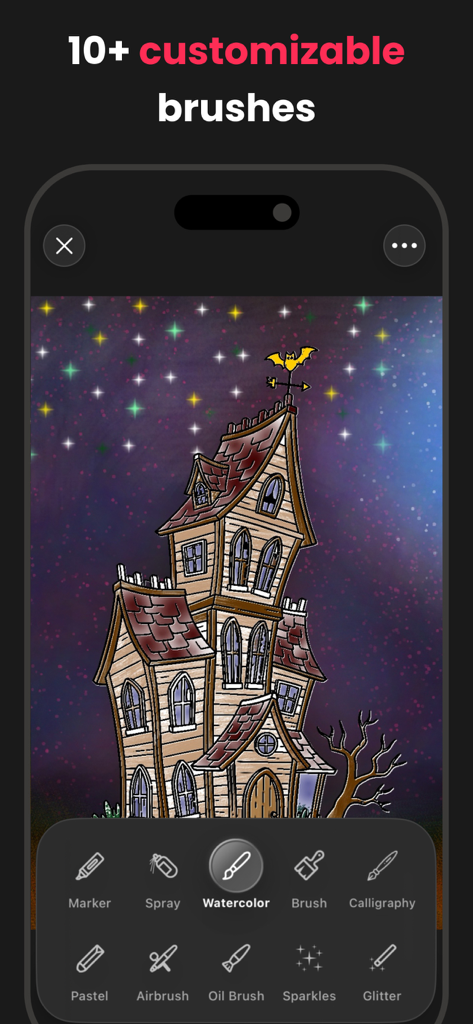 Adult Coloring Book - Hue - Interface of the Adult Coloring Book Hue app showing a selection of digital brushes for a haunted house illustration.