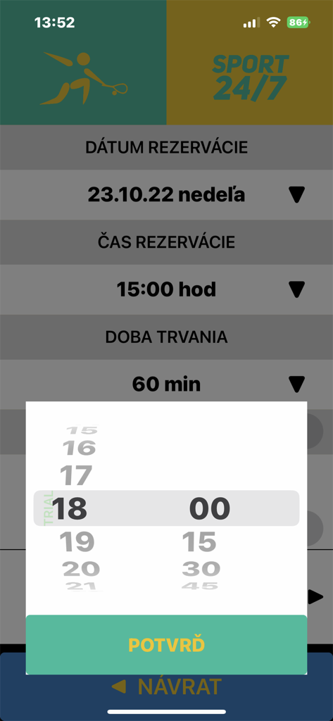 247sport - 247sport app interface showing date and time selection with a scrollable time picker for booking sports facilities