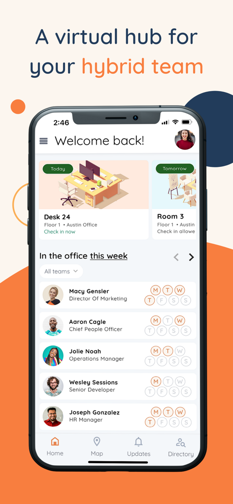 Tactic: Office Management - Dashboard of the Tactic office management app showing employee schedules and desk reservations for a hybrid team.