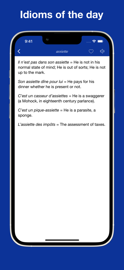Screenshot of the Idioms of the Day feature in the French Idioms and Proverbs app showing translations for the word assiette