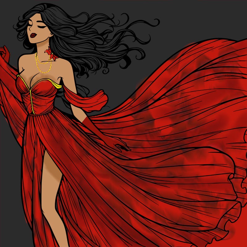 realistic woman in dress flowing the the wind