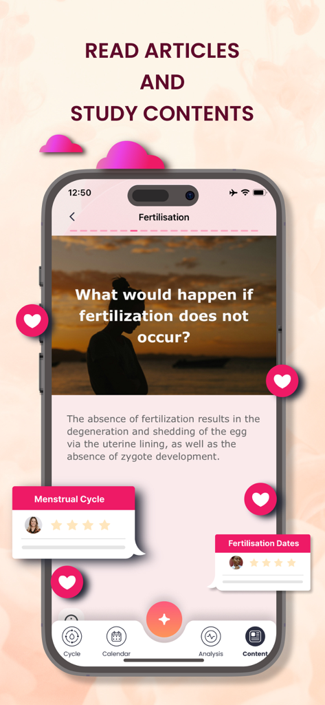 Ovulation & Fertility Tracker - Tela de aplicativo móvel mostrando artigos educacionais sobre fertilização e saúde reprodutiva no Rastreador de Ovulação e Fertilidade.