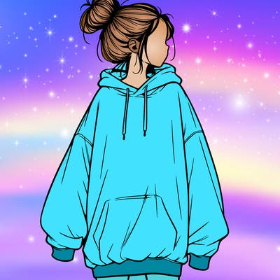 realistic girl with a oversized sweatshirt on and a bun