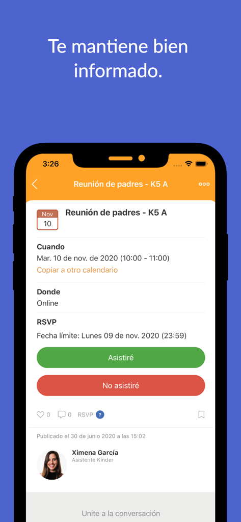 Handing - Handing mobile app interface showing a parent meeting invitation with event details and RSVP buttons.