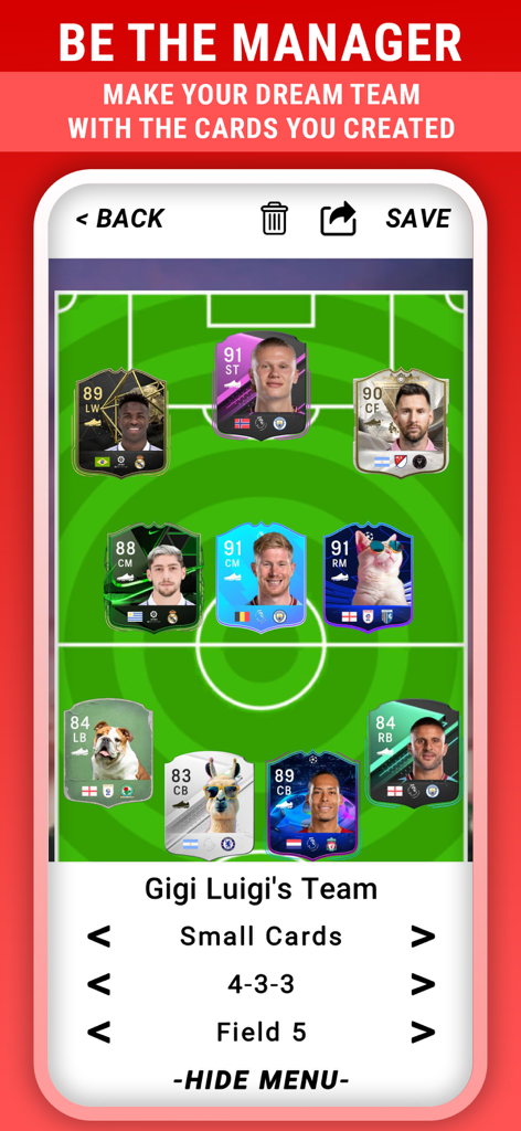 FC Draft 24 - A football team builder screen in FC Draft 24 featuring a 4-3-3 formation with professional soccer player cards and custom pet cards.