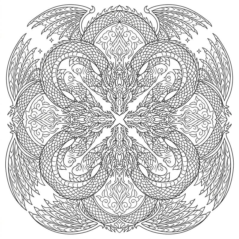 Embark on an epic coloring journey with this stunning mythical dragon kaleidoscope. Designed for teens, it offers a challenging yet rewarding artistic experience with intricate details and symmetrical beauty.