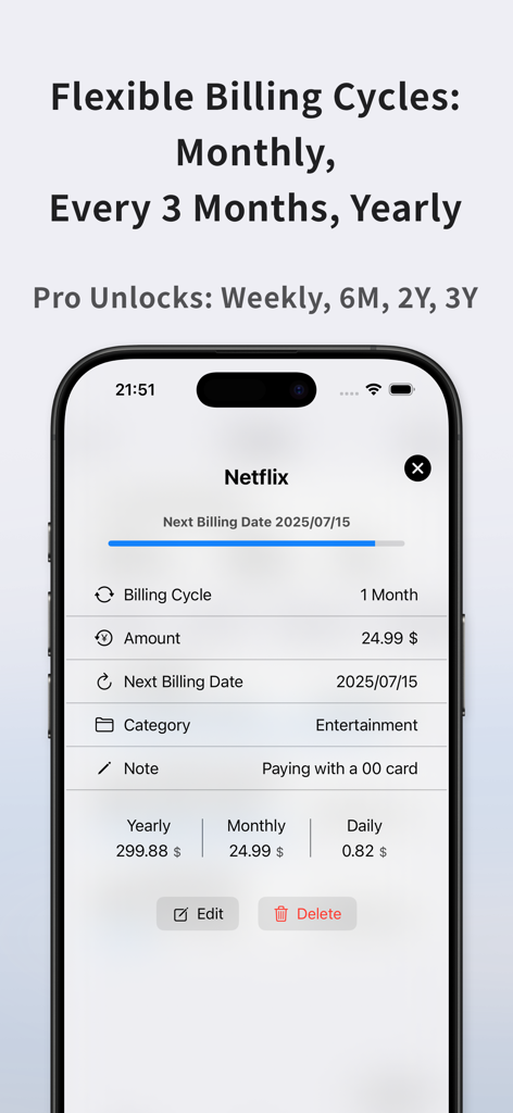 Costly : Subscription Tracker - Costly app interface showing a Netflix subscription with flexible billing cycles and cost breakdowns.