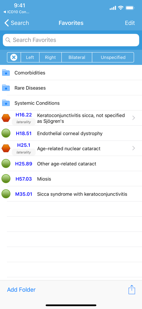 The Favorites screen of the ICD10 Consult app showing folders for comorbidities and rare diseases with a list of saved medical codes.