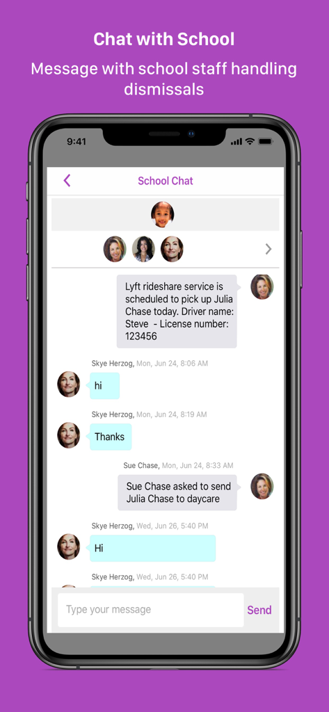 FetchKids For Schools, Parents - App-Oberfläche von FetchKids mit einem direkten Chat zwischen einem Elternteil und dem Schulpersonal bezüglich der Logistik der Schülerabholung