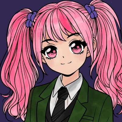realistic girl with two ponytails and a suit on