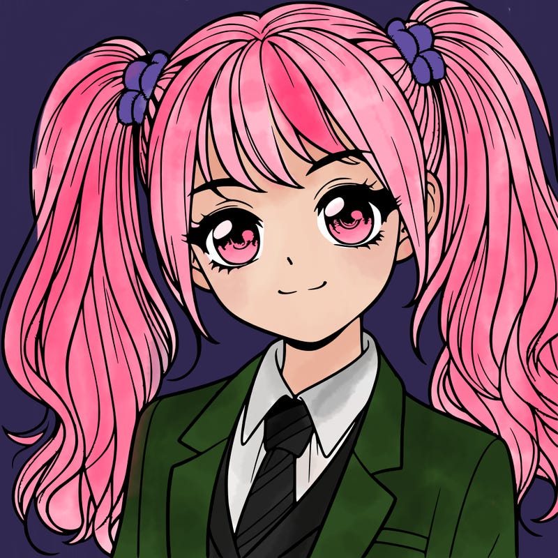 realistic girl with two ponytails and a suit on