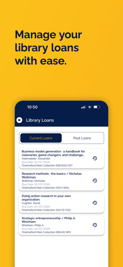 ARU-Studenten-App-Oberfläche, die eine Liste der ausgeliehenen Bücher unter aktuellen Bibliotheksausleihen anzeigt