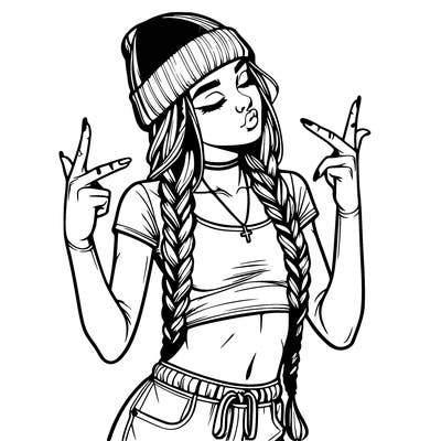 realistic teenage girl with braids and a beanie and crop top doing 🫶🏼