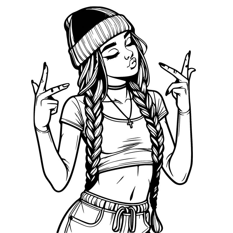 realistic teenage girl with braids and a beanie and crop top doing 🫶🏼
