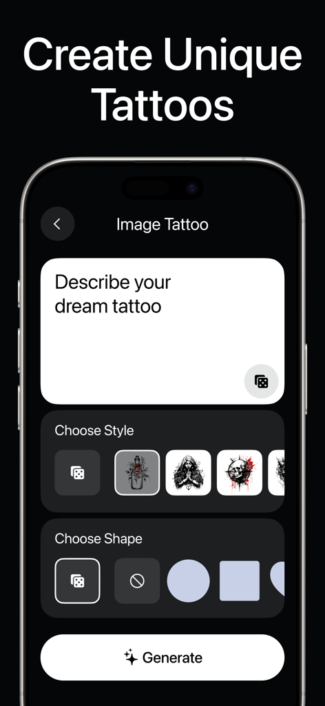 タトゥーAIデザインアプリのインターフェースには、カスタムタトゥーアートを生成するためのテキストプロンプトボックスとスタイル選択オプションが表示されています