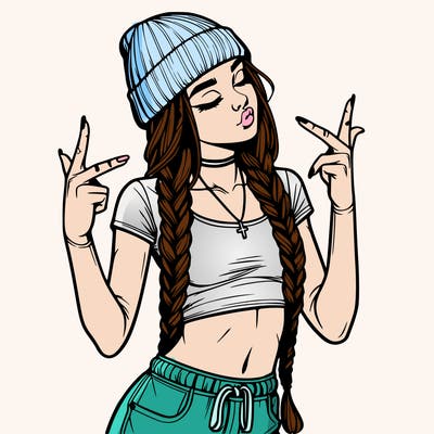 realistic teenage girl with braids and a beanie and crop top doing 🫶🏼