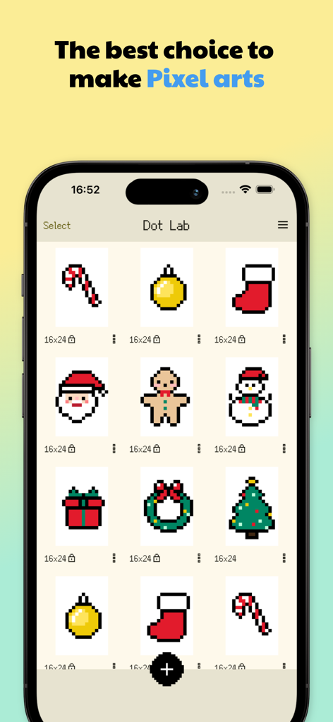 Dot Lab - Perler beads pattern - A mobile screen showing the Dot Lab app gallery with various Christmas themed pixel art patterns including Santa Claus a gingerbread man and a snowman