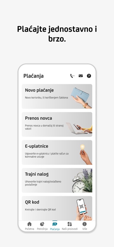 Menu de pagamentos da aplicação móvel m-bank com opções para transferências, faturas eletrónicas, ordens permanentes e pagamentos por código QR